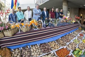 Las Palmas de Gran Canaria, 5 de septiembre de 2016.- El presidente del Cabildo, Antonio Morales, presenta los variados productos agrícolas y manufacturados que portará la carreta del Cabildo de Gran Canaria el próximo día 7 en la tradicional Romería-Ofrenda del Pino. Asimismo, inauguró el escaparate exterior del Cabildo de Gran Canaria que reproduce la rica diversidad de la vestimenta tradicional de Gran Canaria, dedicado a la memoria del etnógrafo José Antonio Pérez Cruz, ‘Teno’, fallecido la semana pasada a la edad de 65 años.